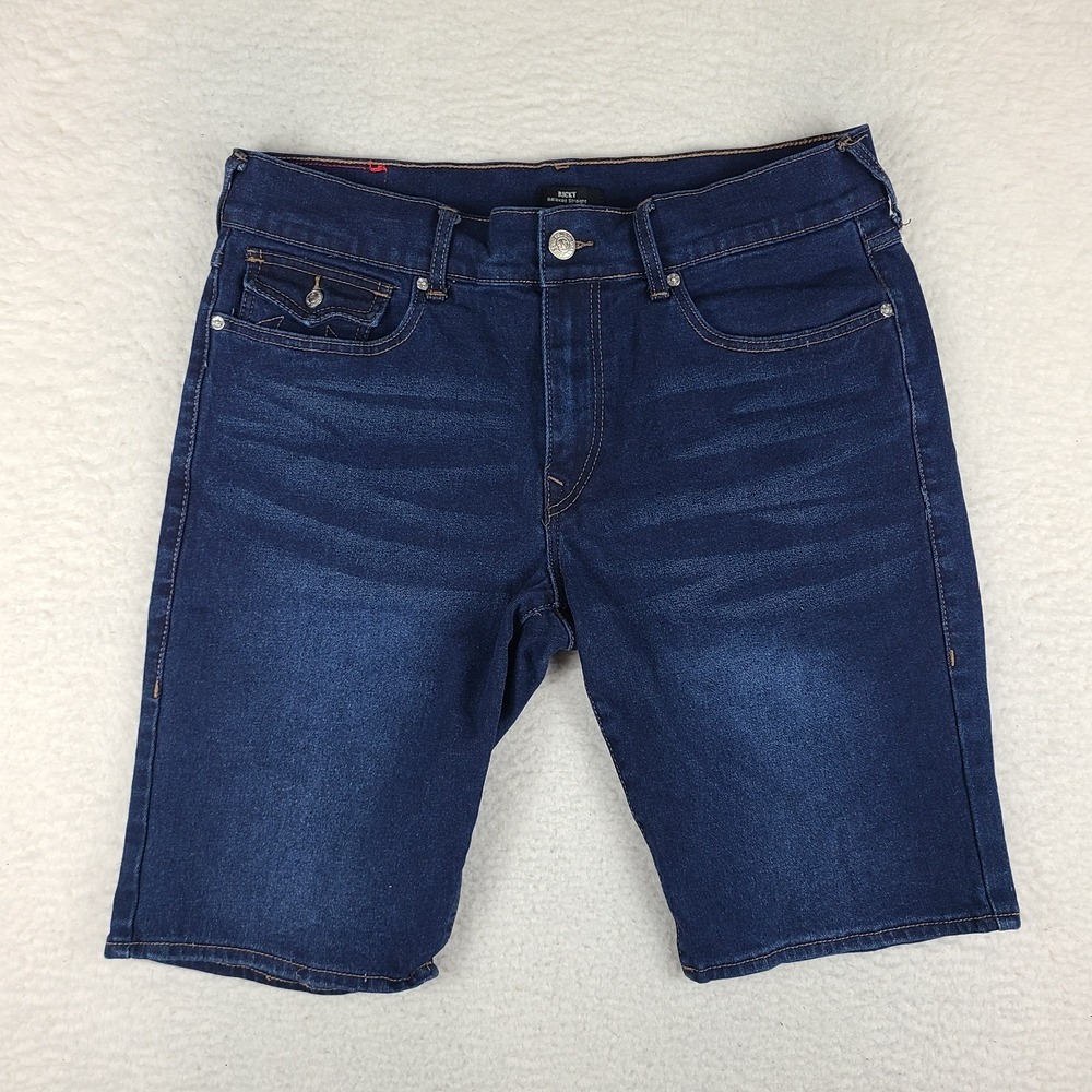 True Religion Jean Shorts Mens 36 Blue 12" Inseam Relaxed Straight Denim